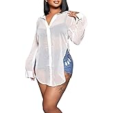 EDITCOZY Women's Sheer Cover Ups Button Up Blouse Sexy Long Sleeve Slit Hem Mesh See Through Shirts Tops