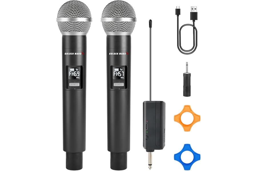 GOLDEN MARS Wireless Microphones - AI Auto Match Channel Mics, Upgraded 2.4GHz 500FT Extra-Long Range Stable Receiving Rechargeable Microfono Inalambrico for Karaoke Singing DJ Church Classroom