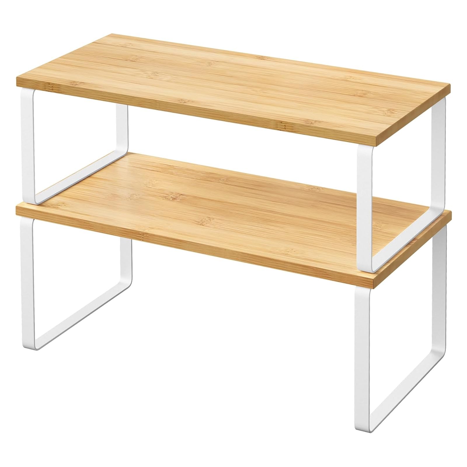 Photo 1 of 2 Pack Cabinet Organizer Shelves, Stackable and Expandable Kitchen Counter Shelf, for Kitchen Cabinet Countertop Storage, Spice Rack, Metal and Premium Bamboo (White, 15.6" W)