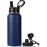 Neihepal 32 oz Insulated Water Bottle with 2 Lids (Straw & Spout Lid), 18/8 Stainless Steel Double Wall Water Bottles for Gym, Travel, Camping, Sports (Navy,1 Pack)