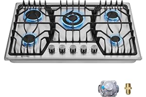 Amdievc 30 inch Gas Cooktop with 5 World Class Burners Thermocouple Protection, Stainless Steel Gas Stove Top for Kitchen RV