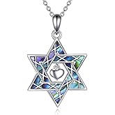 VONALA Star of David Necklace 925 Sterling Silver Abalone Shell Heart Jewish Star Pendant Necklace Hanukkah Jewelry Gift for Women Men