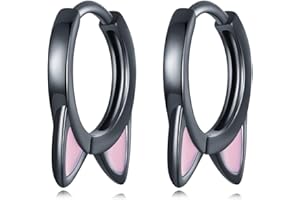 KOKOMA Black Cat Small Hoop Earrings Sterling Silver 925 Cute Animal Pet Pink Ears Cartilage Tragus Earrings Tiny Round Huggie Hoops Statement Earrings Fashion Jewelry for Women Girls