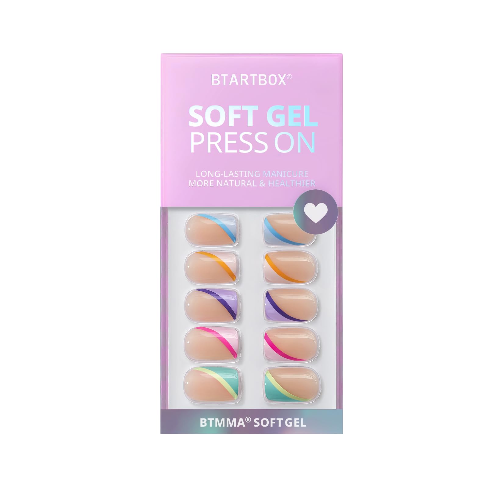 BTArtbox Short Press On Nails - Soft Gel French Tip Press On Nails, Supremely Fit & Natural Square Glue On Nails with Nail Glue, Reusable Stick On Nails in 15 Sizes, Pastel Curves - Image 3