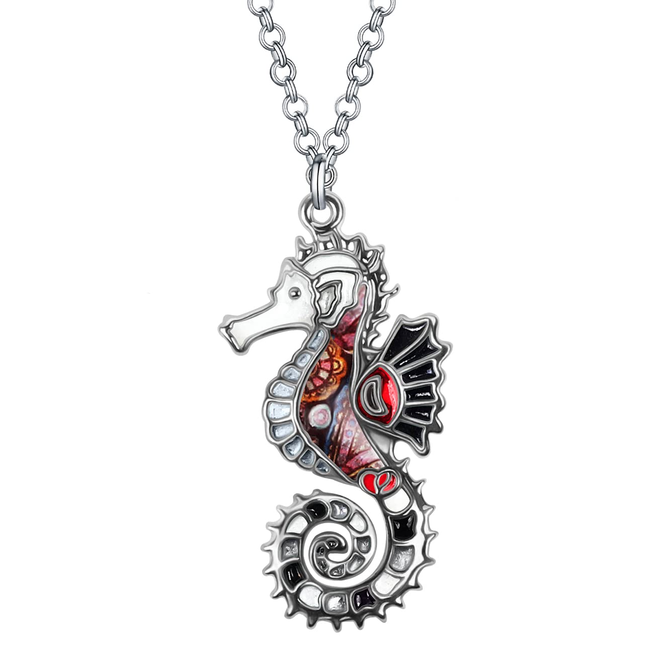 Enamel Alloy Hippocampus Seahorse Necklace Ocean Charms Pendant Fashion Jewelry Gifts for Women Girls (Black)