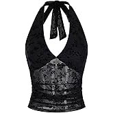 Verdusa Women's Y2k Gothic Goth Halter Top Mesh Sheer Backless Going Out Tops Emo Grunge Clothes Rave Outfits