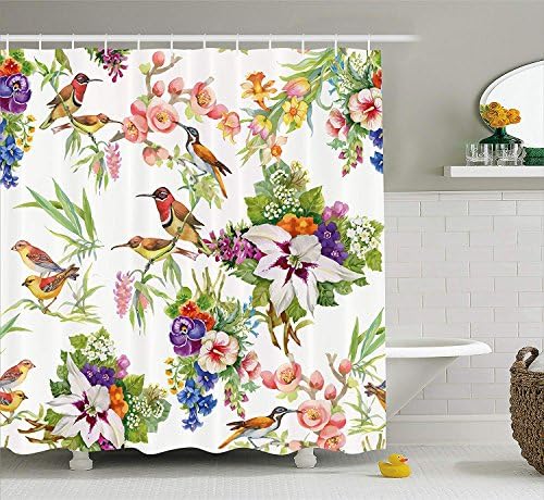 Floral Shower Curtain, Watercolor Wild Exotic Mockingbirds and Spring Flowers Branches Botanical Artwork, Fabric Bathroom Decor Set with Hooks,Multicolor 72x72 Inches