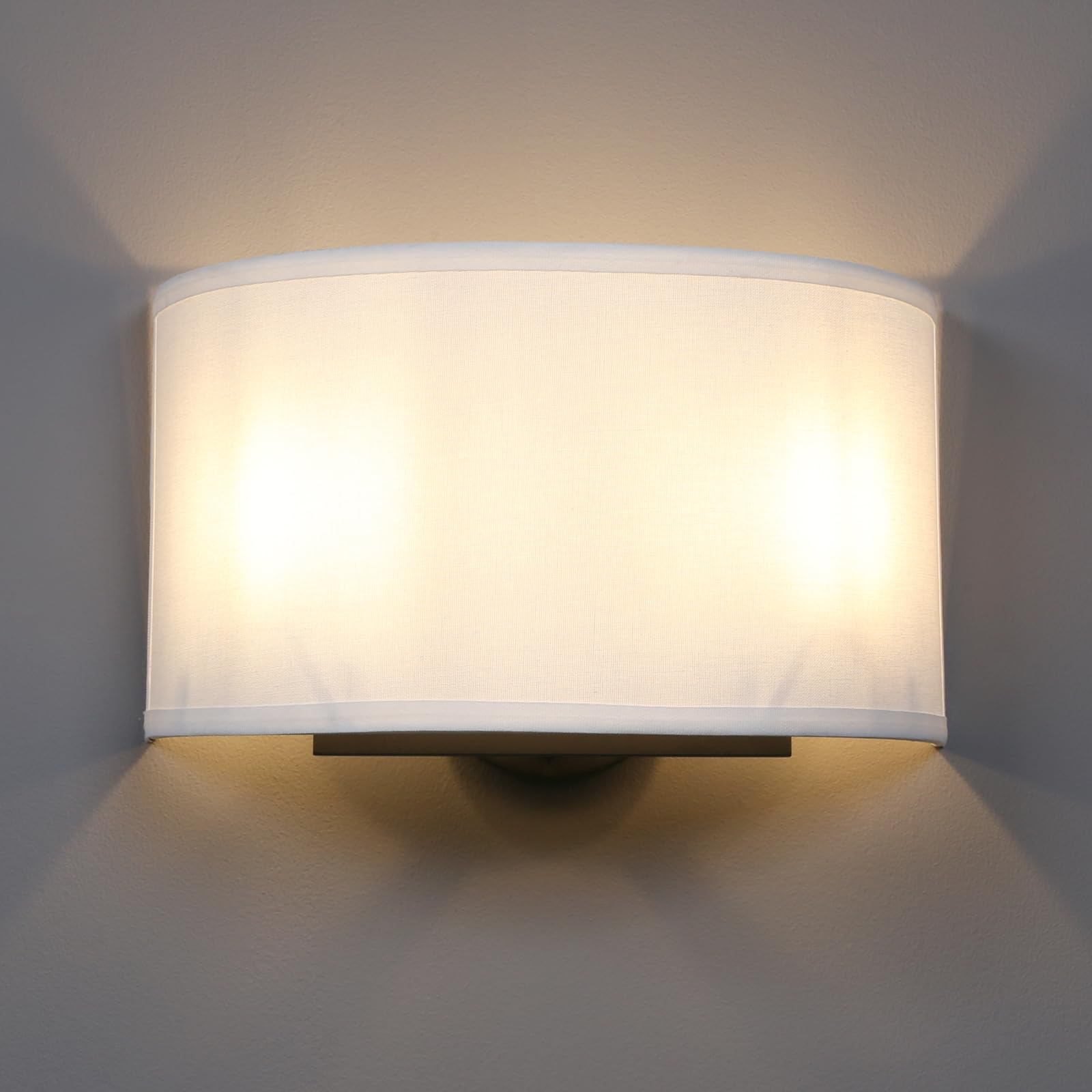 Photo 1 of Yosoan 2-Light White Fabric Boho Wall Sconce Indoor Hallway Light Fixture, Dual Vintage Industrial Aged Hardwired Sconces Wall Lighting Semicircle Textile Shade for Bedroom Living Room Corridor Study
