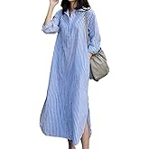 chouyatou Women Casual Long Sleeve V Neck Striped Shift Dress Loose Long Maxi Cotton Shirt Dress with Pocket