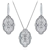 BERRICLE Sterling Silver Vintage Inspired Art Deco Cubic Zirconia CZ Milgrain Fashion Necklace and Earrings Set for Women, Rhodium Plated