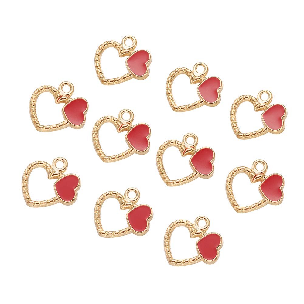 Beadthoven 10pcs Heart Red Enamel Charms Gold Plated Mini Love Heart Dangle Charms Pendants for Jewelry Making Earrings Bracelet Wedding Favours