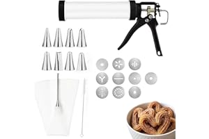 Churro Maker Kit, Stainless Steel Cookie Press with 10 Discs and 8 Nozzles, Multifunctional for Homemade Churros, Cookies, an