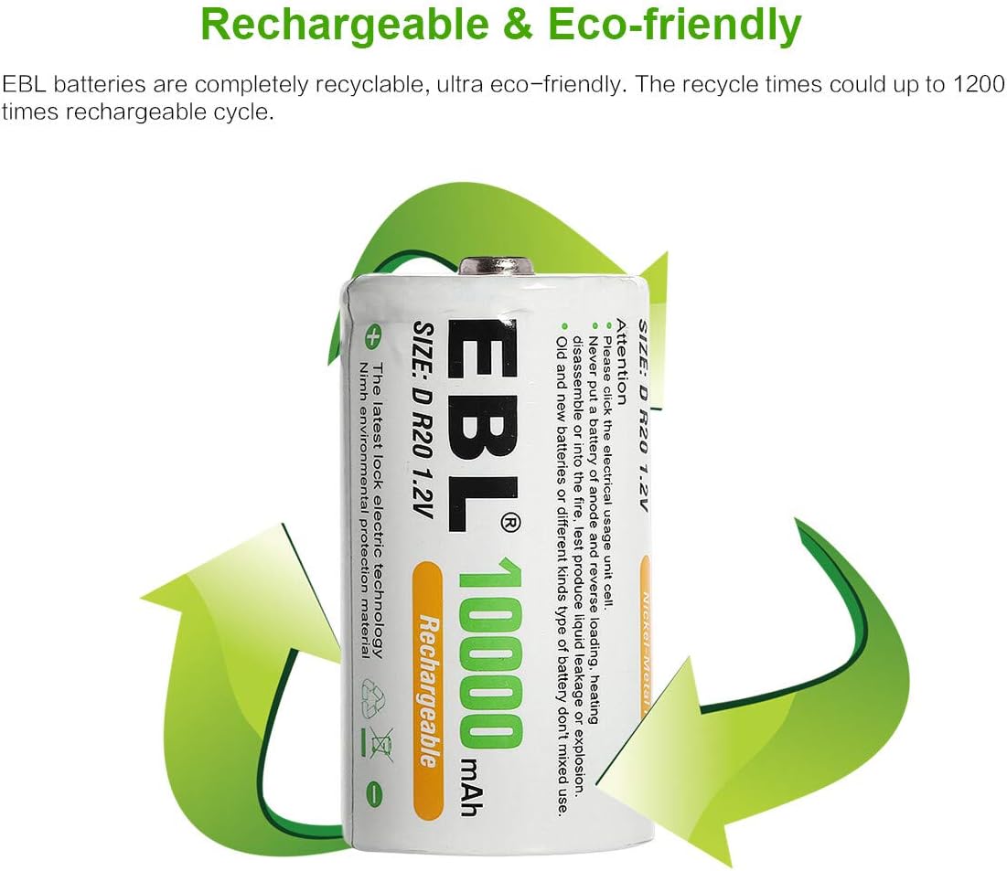 EBL Rechargeable D Batteries, 10000mAh Ni-MH High Capacity D Cell Battery New Retail Package, Pack of 4: Home Audio & Theater