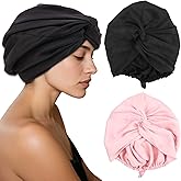 DADERXY 2PCS Womens Bonnets for Hair Sleeping, Adjustable Double Layer Silk Satin Sleep Cap (Black, Pink)