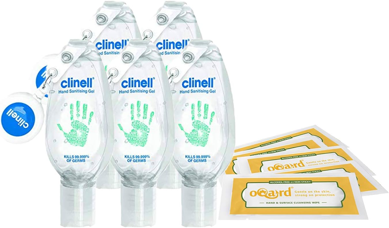 Clinell Hand Sanitising Gel with Clip 50 ml and Oqard Cleansing Wipes - 5 Bottles