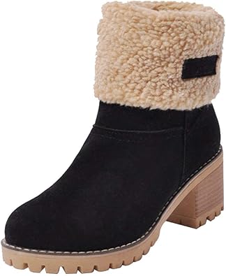 women cute warm short boots suede chunky mid heel round toe winter snow ankle booties