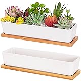 Fengson White Succulent Planter Pots,11 inch Long Rectangle Ceramic Plant Container with Bamboo Saucers and Drainage Holes,Mi