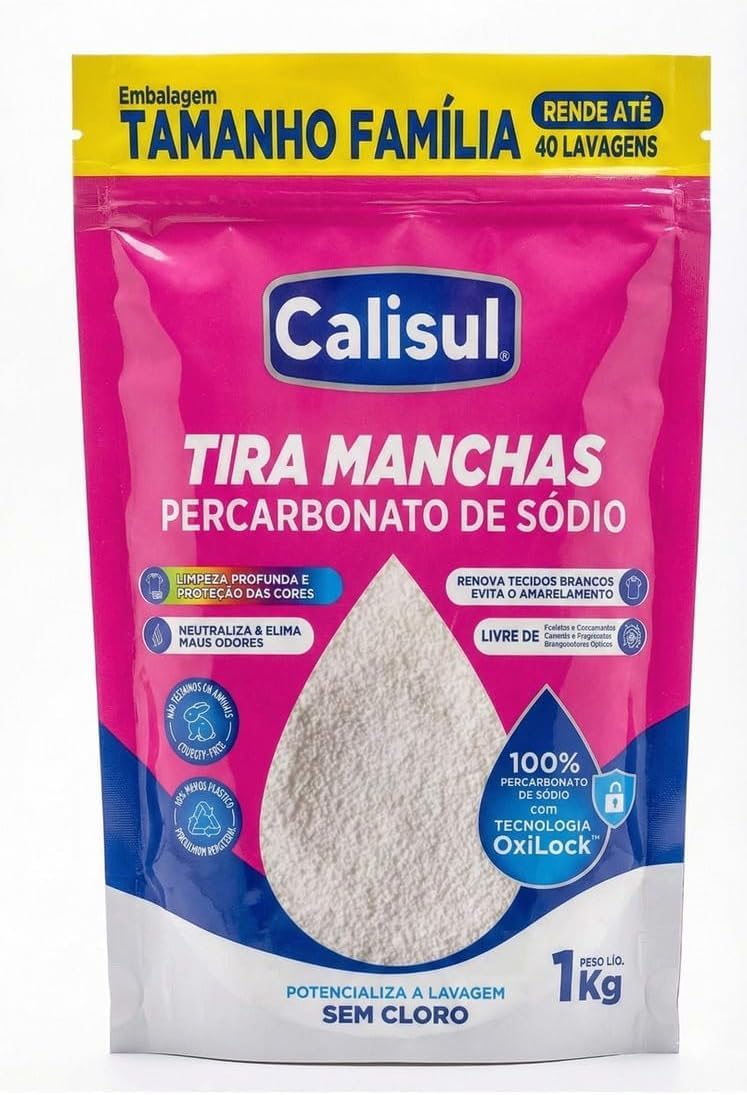 Percarbonato de Sódio 1kg em Pó, Tira Manchas Sem Cloro, Oxigênio Ativo, Biodegradável, para Roupas Brancas e Coloridas, Limpeza Doméstica