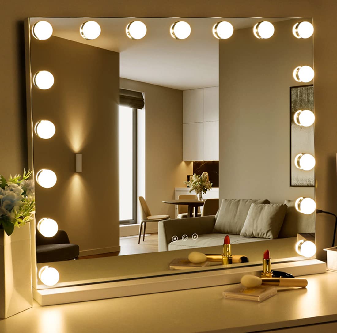 Hollywood Makeup Mirror Large Vanity Mirror with 17 Lights Dimmable LED Bulbs Touch Control Design Cosmetic Mirror for Bedroom Dressing Room(70 * 55cm)