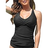 Fanuerg Tankini Top Only Twist Front Bathing Suit Tops for Women Tummy Control Tank Tops V Neck Swimsuit Top No Bottom