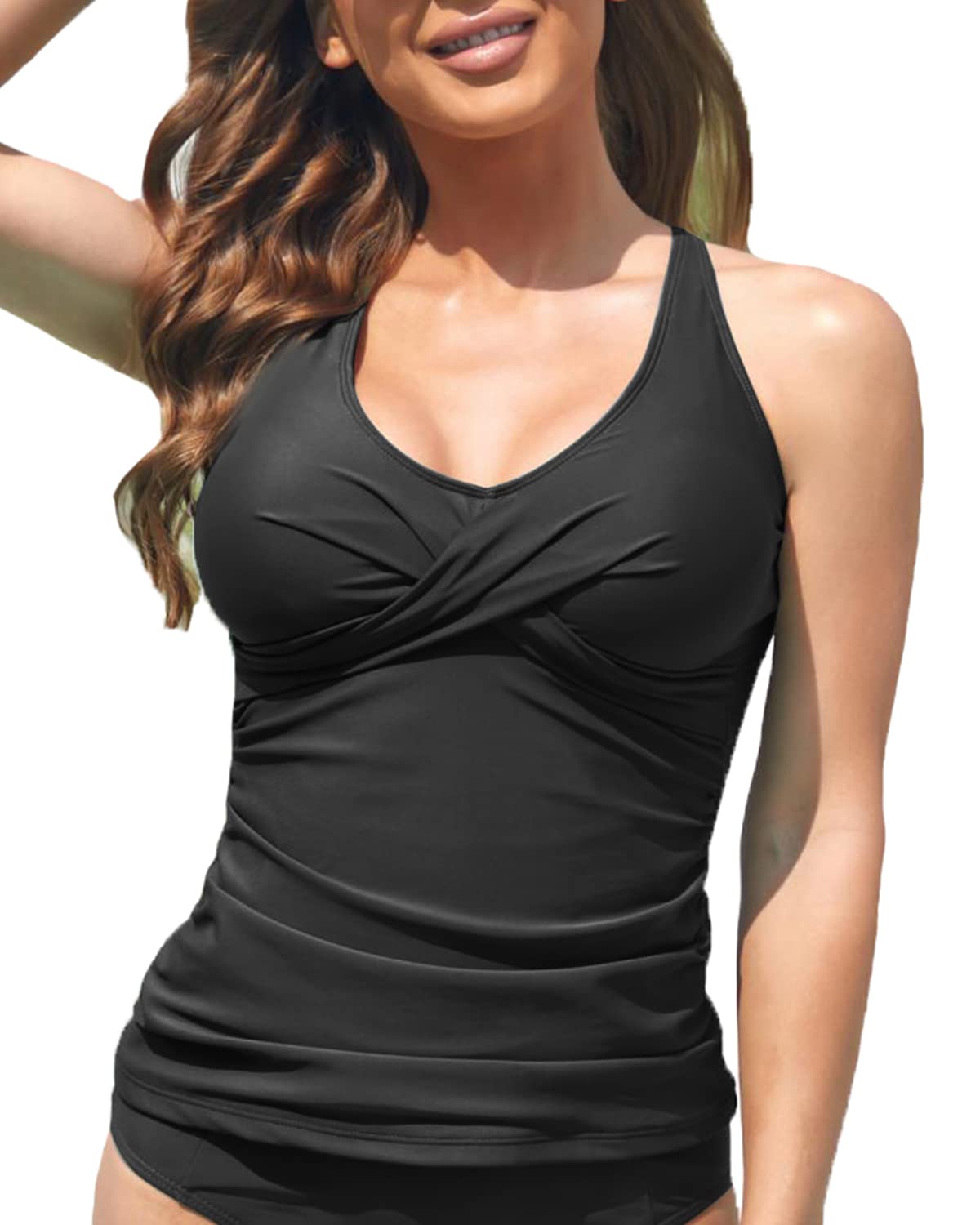 Photo 1 of Fanuerg Tankini Top Only Twist Front Bathing Suit Tops for Women Tummy Control Tank Tops V Neck Swimsuit Top No Bottom Black M
