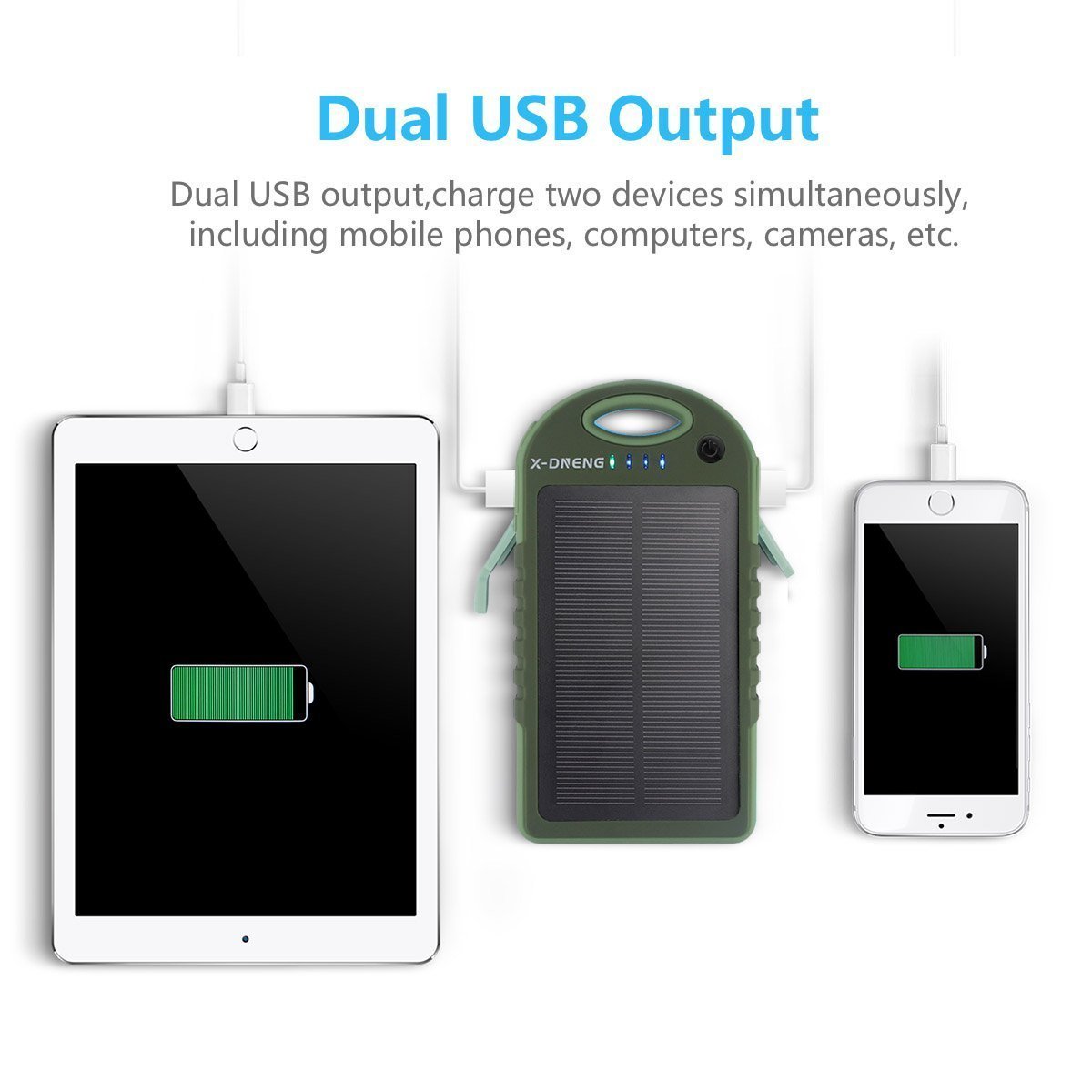 Externe Akku Powerbank 12000 mAh Solar Ladegerät Handy X-DNENG 2 Ausgänge USB Wasserdicht Solar Panel Outdoor Power Bank mit LED-Lampen für iPhone iPad Tablet Samsung Android Smartphones Mp3 usw- Grün