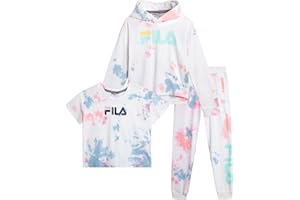 Fila Girls Sweat Suit Set - 3 Piece Tie-Dye Short Sleeve Crop Top, Pullover Hoodie and Jogger Sweatpants for Girls (7-16)