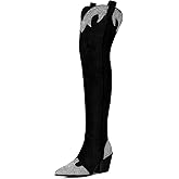 MUCCCUTE Cowboy Boots for Women Black Thigh High Boots - Fashion Cowgirl Over The Knee Boots with Rhinestone - Pointed Toe Chunky Heels Side Zipper Fall Tall Boots for Ladies