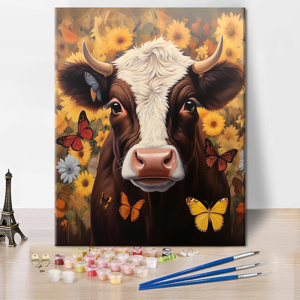TISHIRON Animal Paint by Number Cow Portrait with Flowers and Butterflies Paint by Numbers Kit for Adults with Brushes and Pigment, Art Crafts DIY Wildlife Oil Painting, 16x20 Inch — image 1