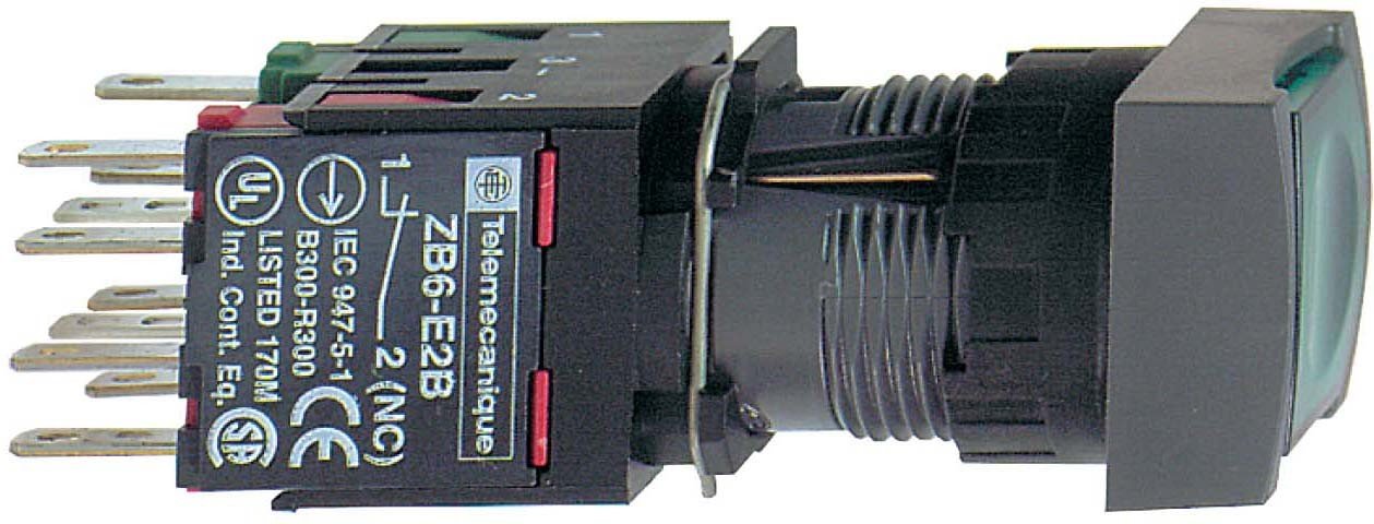 Schneider Electric 16mm Green Illuminated Push Button Switch, Square Flush Complete, Spring Return 1NO+1NC, 12...24V, Part Number XB6CW3B5B