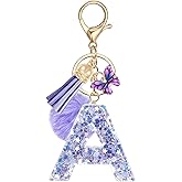 JSRQT Initial Keychain, Letter Keychain for Girls, Initial Bag Charm Pendants, Purple Butterfly Alphabet Keyrings Poms