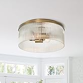 CKENSU Farmhouse Gold Semi Flush Mount Ceiling Light - 16" Round Ribbed Drum Fixture with Brass Frame & Fluted Glass Shade, f