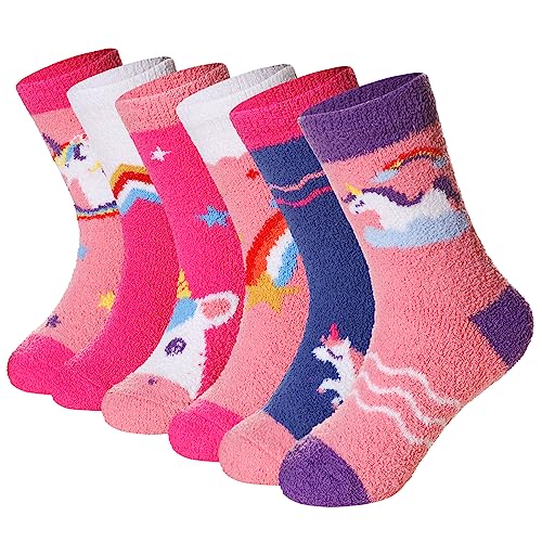 Kids Fuzzy Slipper Socks with Grips Children Boys Girls Toddlers Non Slip Warm Winter Cozy Fluffy Thermal Cute Socks 6 Pairs