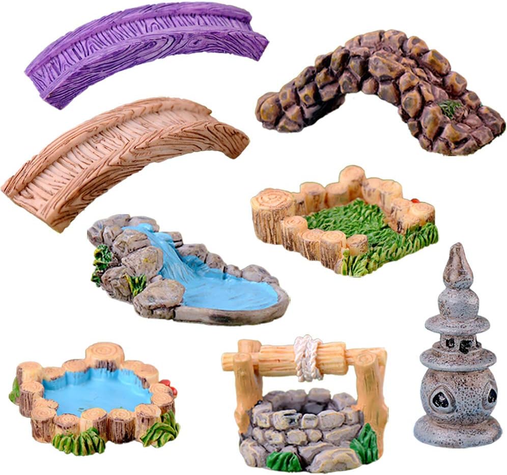 8 Pcs Mini Lighthouse Water Well Bridge Figurines Miniature Gardening Pool Lawn Running Water Terrarium Stone Bridge Figurine Micro Landscape Indoors Outdoors Decorative Accessory
