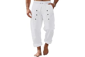 TRFIC Mens Cotton Linen Pants Casual Summer Vacation Baggy Beach Pants Buttoned Drawstring Yoga Trousers with Pockets