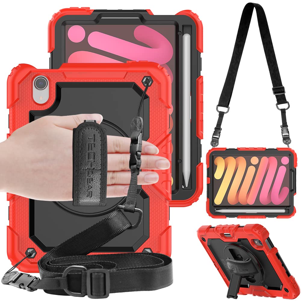 TECHGEAR UTILITY Case for iPad Mini 7/6, Mini 7th / 6th Generation 8.3" 2024/2021, Tough Rugged HEAVY DUTY Armour Shockproof Case with 360 Rotating Stand, Hand and Shoulder Strap - Red