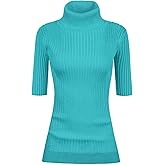 v28 Women Turtleneck 1/2 Half Sleeve Highly Stretchy Ribbed Knit Fitted Sweater