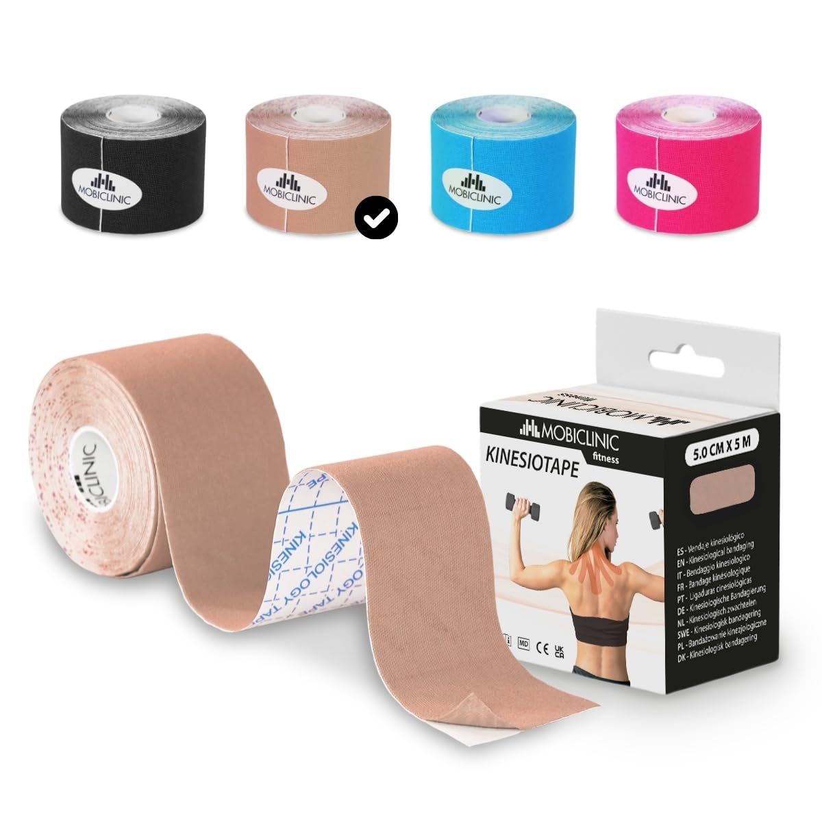 Mobiclinic®, Kinesiology Tape, Neurological Adhesive Tape, 5m x 5cm, Sports Tape, Muscle Relaxation, Kinesiological Bandage, Suitable for Various Areas, Face Tape, Beige