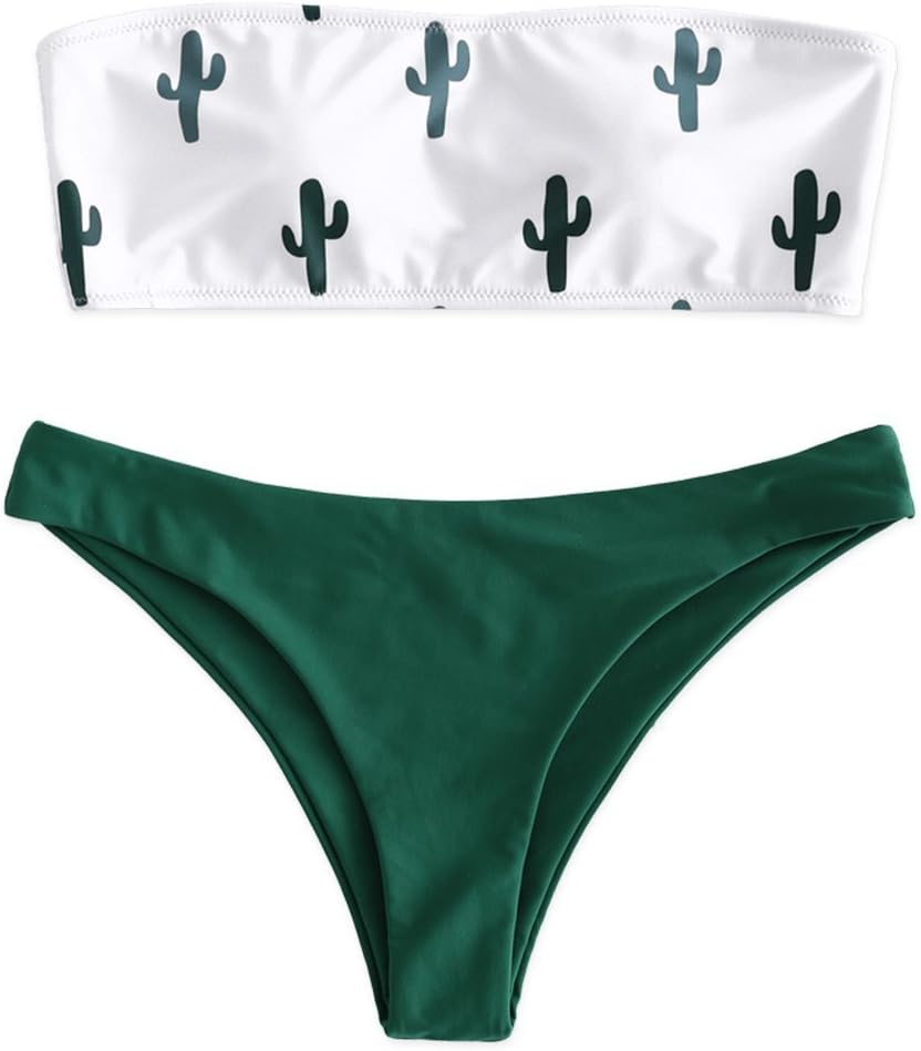 ZAFUL Women's Strapless Pineapple Print High Cut Bandeau Bikini Set (Cactus Print, S)