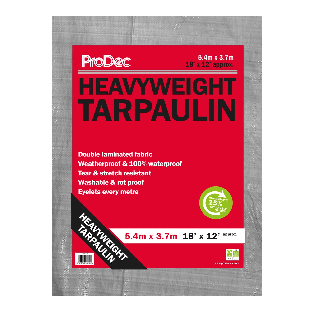 ProDec 18ft x 12ft / 5.4m x 3.7m Heavyweight Waterproof Double Laminated Multi Purpose Tarpaulin -Weatherproof, Reinforced Eyelets, Ideal for Construction, Covering Vehicles, Boats, As A Ground Sheet