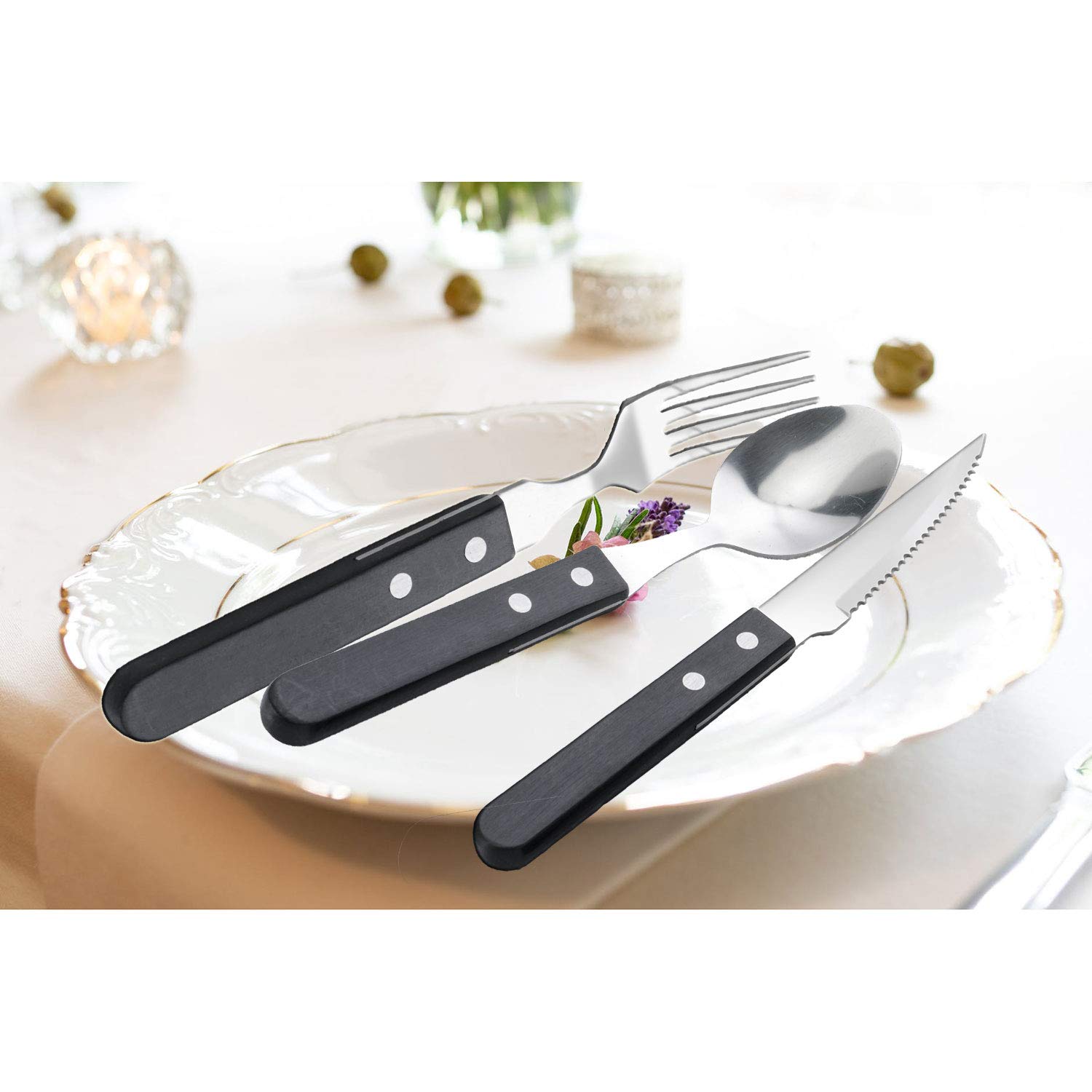 TaNaT 12 Pieces Wood Flatware Forks and Spoons Set Silverware Cutlery 18/0 Stainless Steel Flatware Set Black Wooden Handle Tableware Utensils Service for 4,Set of Silverware,Smooth Surface