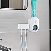 Toothbrush Holder Wall Mounted with Cover for Bathroom, 2 Slots Toothbrush Storage Organizer for Shower, Self Adhesive Toothbrush Hanger with Automatic Toothpaste Squeezer Dispenser