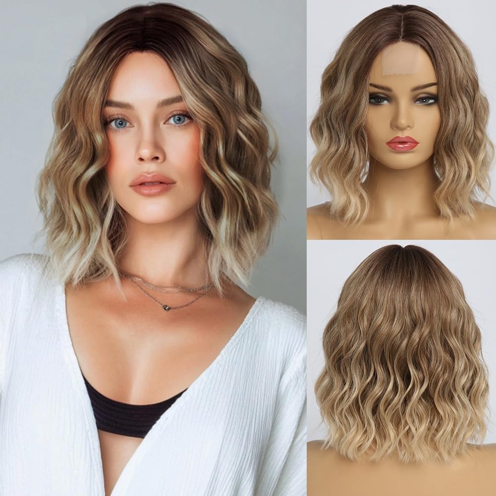 Photo 1 of Simkaylee Short Ombre Blonde Wavy Wig for Women 12 Inch Shoulder Length Middle Part Curly Wavy Bob Wig Natural Looking Synthetic Heat Resistant Fiber Wig for Daily Party Use
