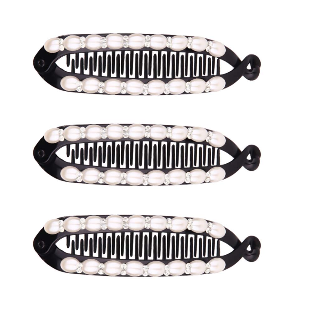 Fodattm 3PCS Lady Women Sweet Imitation Pearl Banana Hair Clip Hair Comb Hair Clincher Vintage Elegant Rhinestone Fish Shape Hair Grips Clamp Hair Jaw Clips (A#)