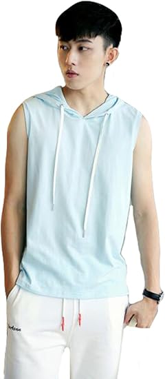 Amazon Piite メンズ ｔシャツ ノースリーブ ワイシャツ トップス 夏 フード付き スポーツｔシャツ カジュアル ゆったり 袖なし 韓国風 薄手 通気 おしゃれ 上着 ファッションブルー4 シャツ 通販