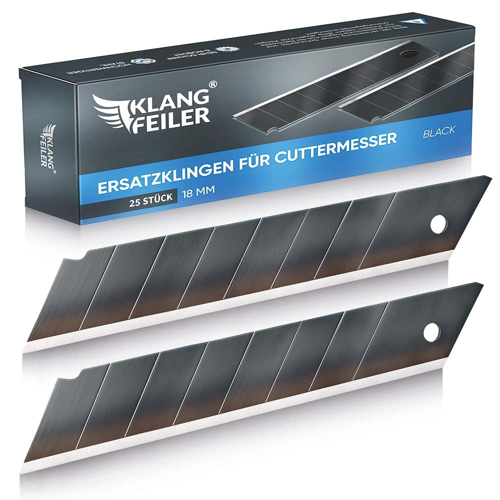 Klangfeiler® 25 Cuttermesser Klingen - BLACK - 18mm Breite - Schwarze Cutterklingen für den Cutter