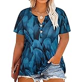 RITERA Plus Size Tops for Women V Neck Button Up Short Sleeve Henley Tshirt Casual Blouse Pullover Basic 12W 14W XL-5XL