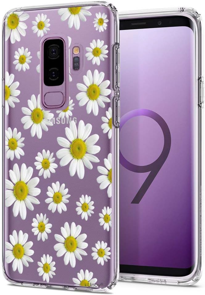 Unov Case for Galaxy S9 Plus Clear with Design Soft TPU Shock Absorption Slim Embossed Flower Pattern Protective Back Cover (White Daisy)