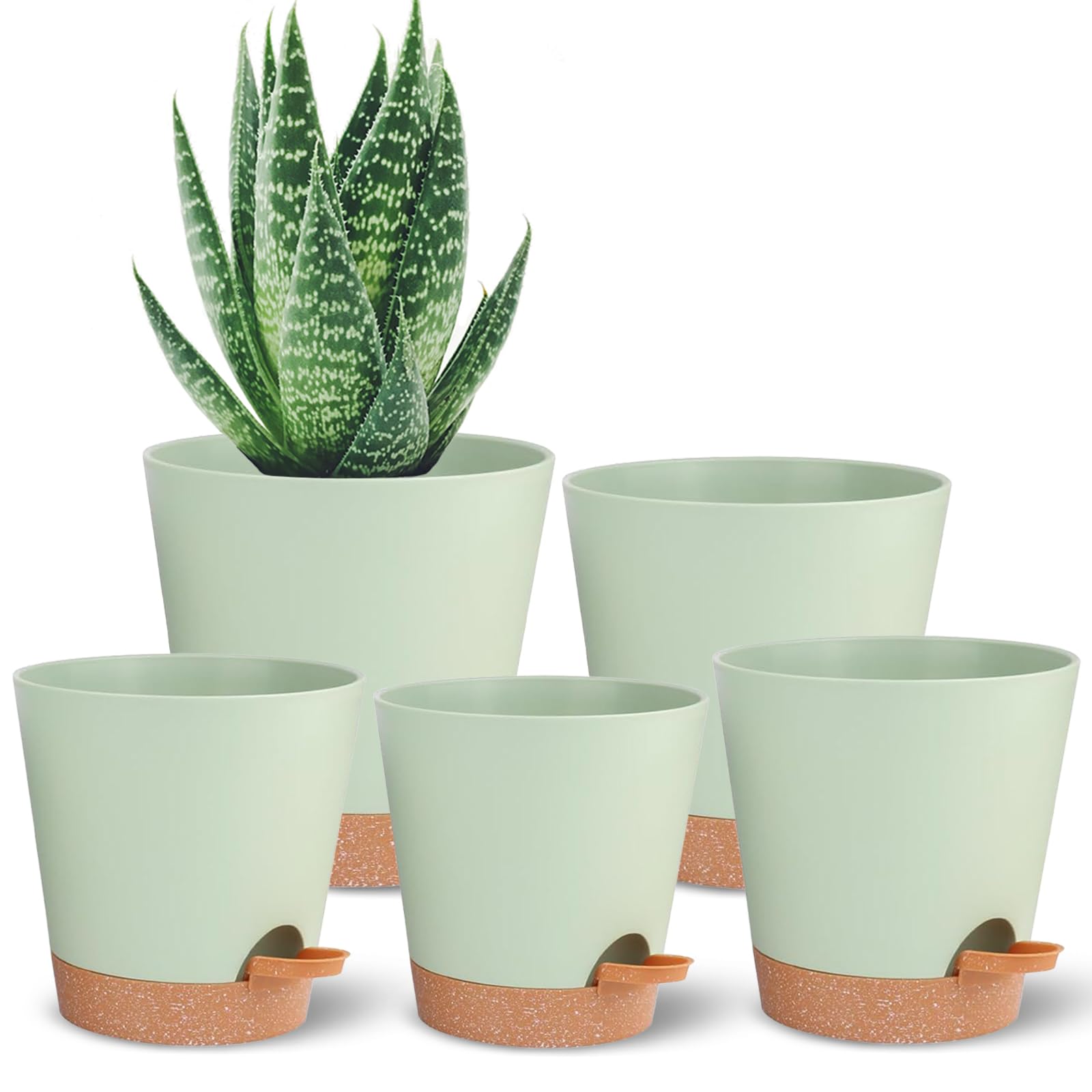 SUN-E Self Watering Planters 7/6.5/6/5.5/5Inch 5Pack, Planting Pots for All House Plants Green Plastic Planters Outdoor Flower Pots Nursery Planting Pot with Drainage Hole and Deep Reservoir