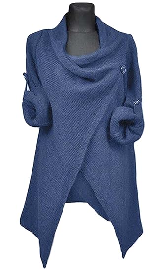 Cupshe Fashion Women's Asymmetric Hem Split Wrap Sweater Poncho Coat (L, Blue)